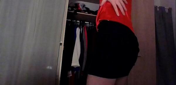  Amateur cross dresser back from the office in a sexy black blazer, red hot chinese qipao and a sexy black skirt touching and masturbating